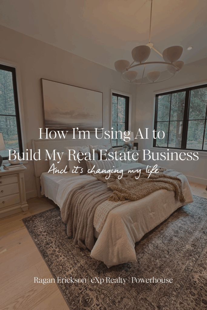 Modern mountain bedroom in McCall, Idaho featuring natural light, layered bedding, and large windows with forest views. With text on screen that reads: How I'm using AI to build my real estate business. How to use AI as real estate growth tools