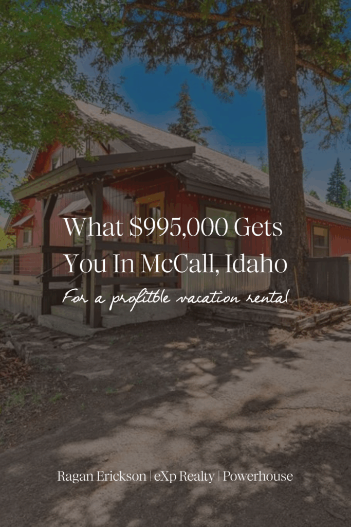 A rustic red cabin-style home in McCall, Idaho surrounded by tall pine trees. The text overlay reads “What $995,000 Gets You in McCall, Idaho – For a profitable vacation rental.” 