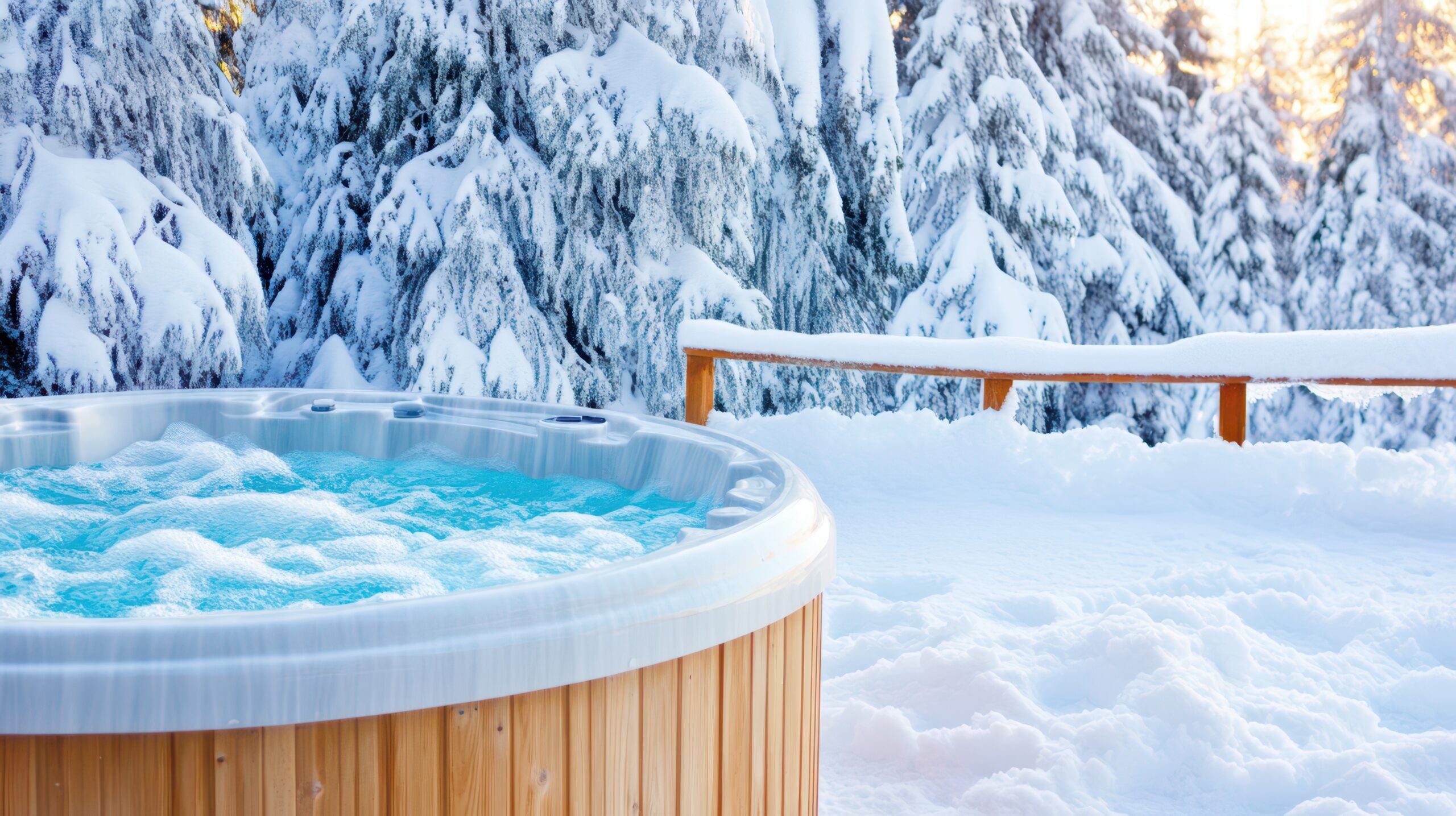 Mountain town short-term rental amenities example — a steaming outdoor hot tub surrounded by snow-covered pine trees, showing what mountain STR guests want for a cozy winter stay.