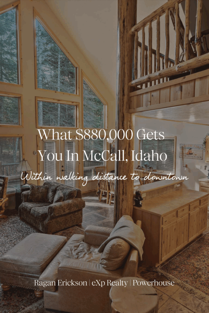 1034 Fireweed Drive in McCall Idaho. A view of the vaulted ceilings and soaring windows inside the mountain cabin living room.