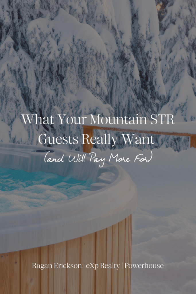 Mountain town short-term rental amenities example — a steaming outdoor hot tub surrounded by snow-covered pine trees, showing what mountain STR guests want for a cozy winter stay.