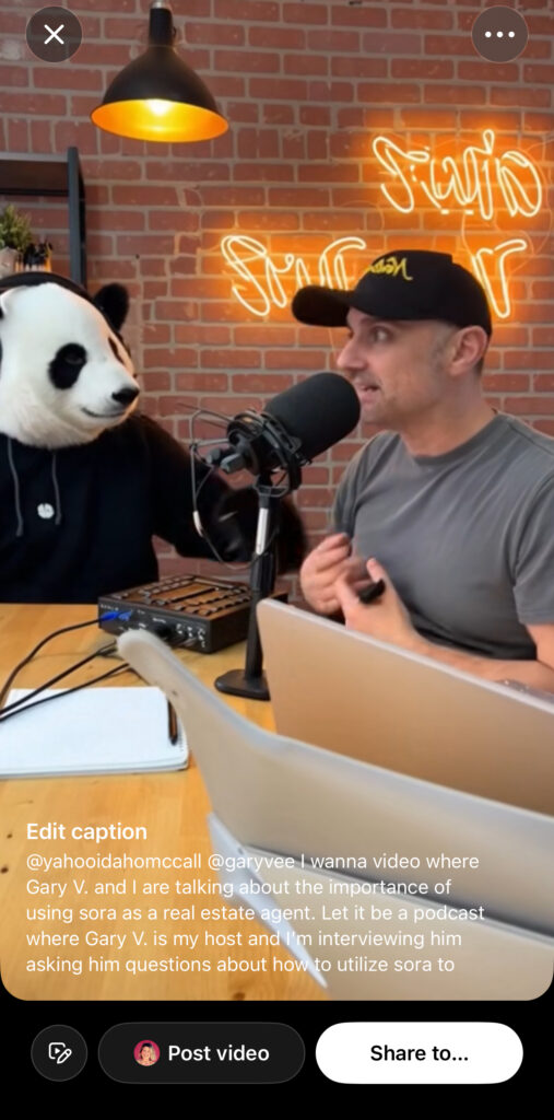 A SORA screenshot of a video Ragan Erickson created of her and Gary Vaynerchuck discussing the SORA app for use in real estate marketing.