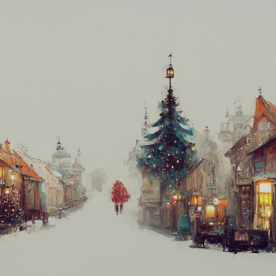 Cozy snowy street in downtown McCall, Idaho at Christmas, with twinkling lights, decorated cabins, and a couple walking toward a glowing tree—capturing the charm of holiday shopping, dining, and winter activities in this mountain town.