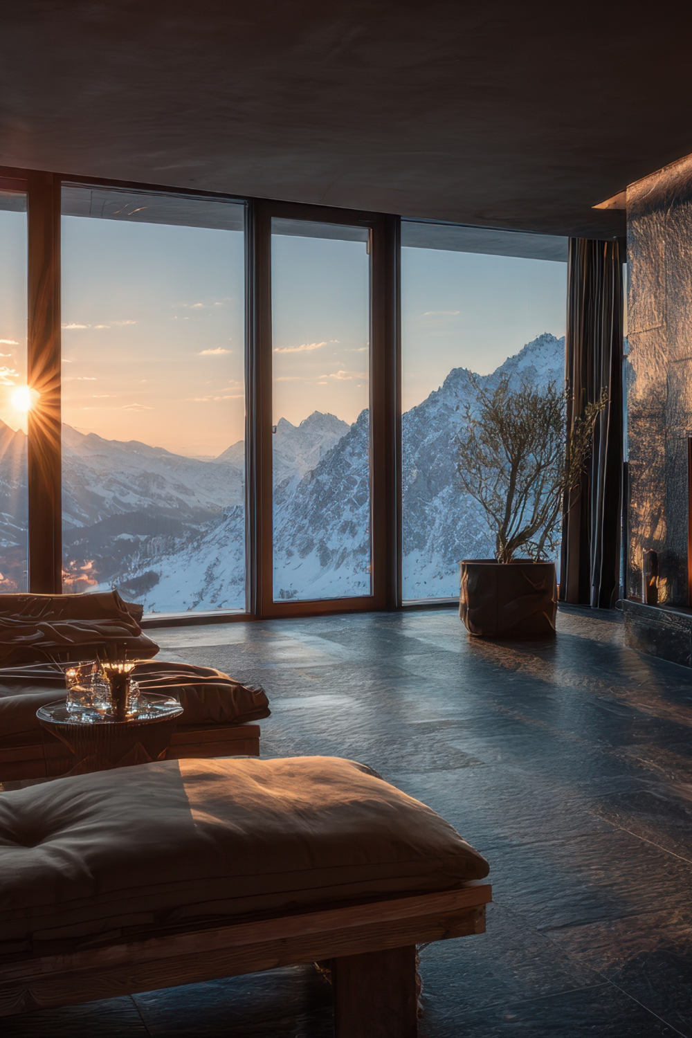 A luxury mountain cabin looks out onto snow capped mountains in Idaho