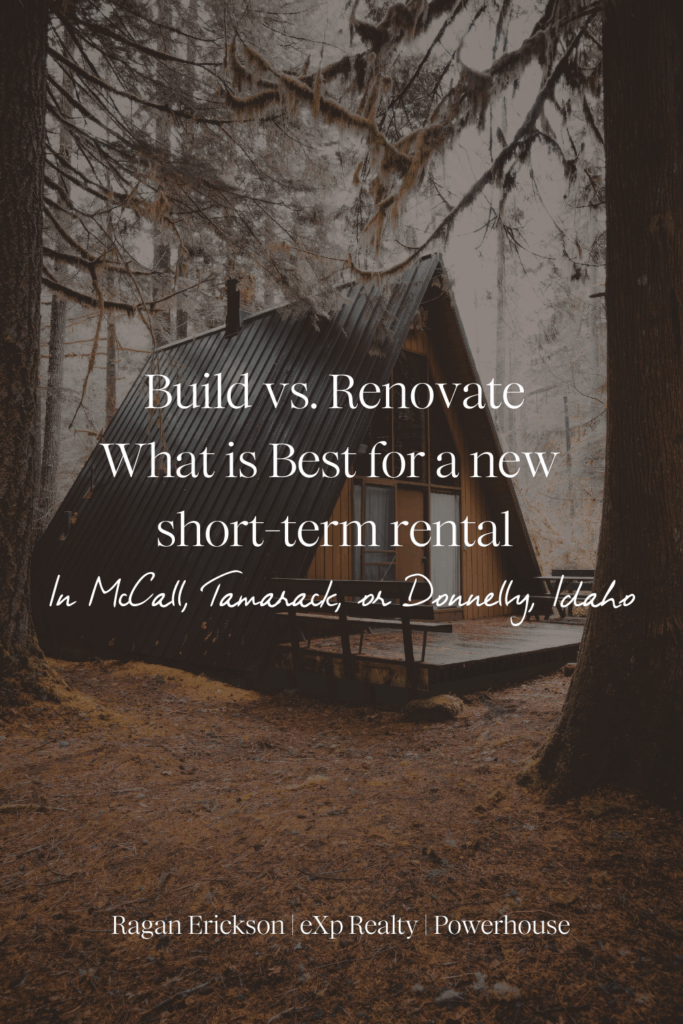 A moody  A-frame cabin in the woods surrounded by fog.